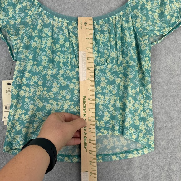 No Boundaries Top Womens M Teal Floral Sheer Crop Y2K Milkmaid Cottagecore Fairy - Picture 8 of 10